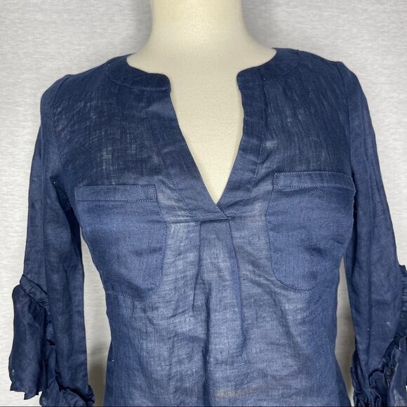 K). INC Ruffles Half arm length Sleeve V-neck Blouse Blue Petite NWT - Picture 6 of 12